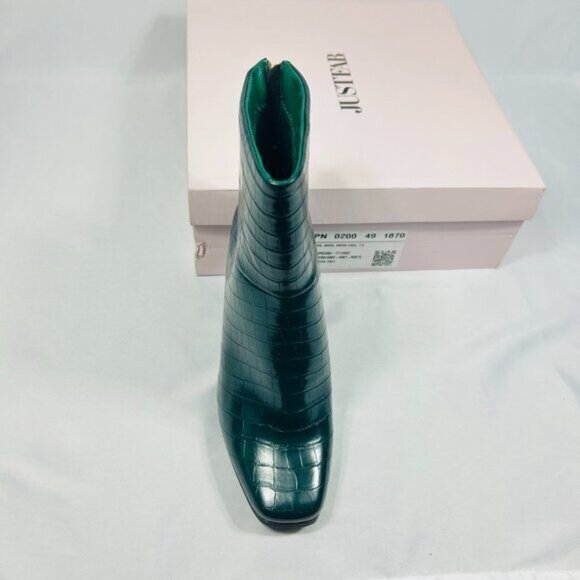 NWT/NIB JustFab Inesa Green Croc Womens Block Heeled Ankle Boot Gold Zip 7.5 - Picture 4 of 6